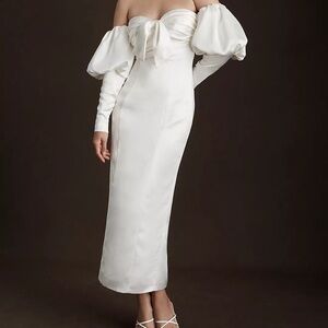 Ronny Kobo Amanda Off-Shoulder Puff-Sleeve Back-Slit Slim Midi Dress Size 16 NWT